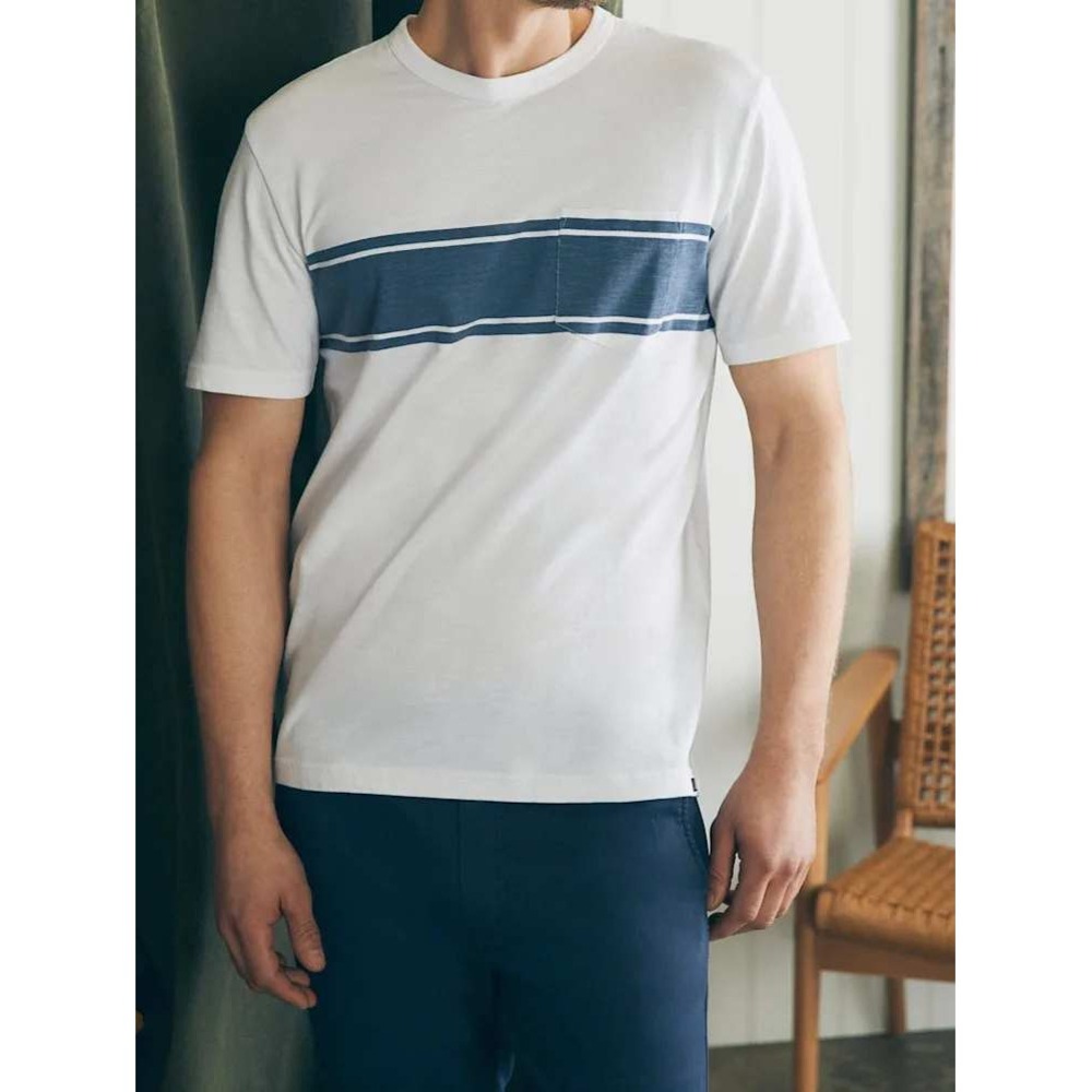 Faherty Men's White and Blue Surf Stripe Organic Cotton Sunwashed Tee M